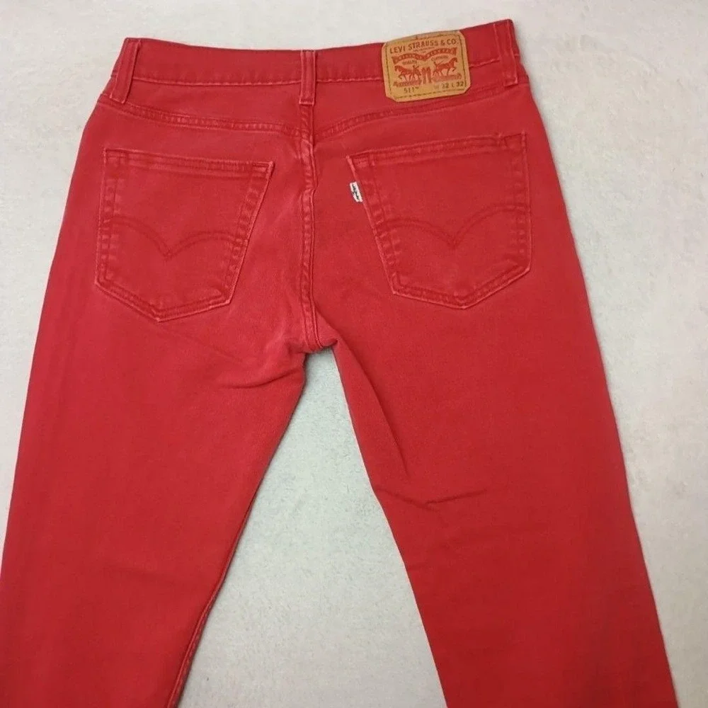 Levis 511 Jeans Mens 32x32 Red Slim Stretch Denim Cotton Blend Logo Red Tab